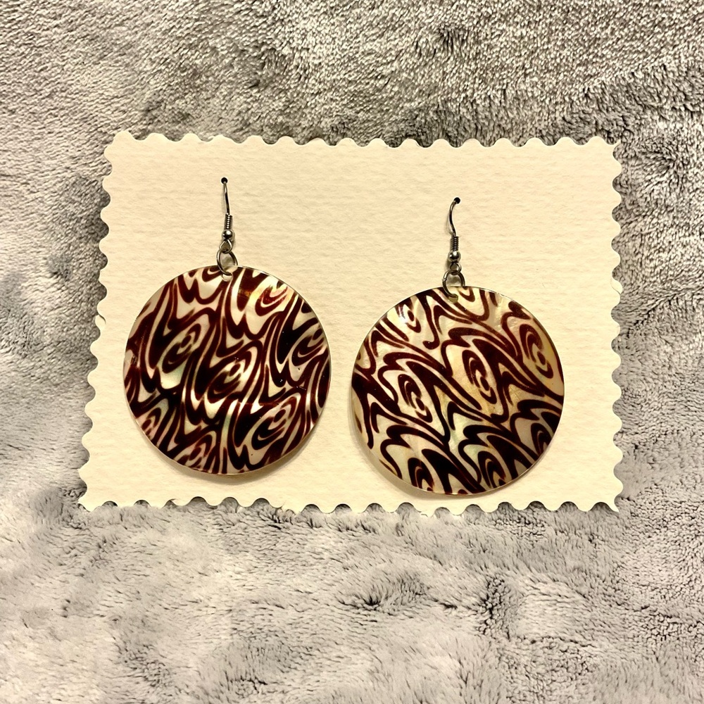 Brown and Cream Circular Dangle Earrings with Intricate Pattern